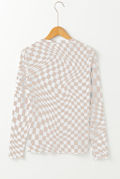 Khaki Checkered Pattern Mesh Mock Neck Long Sleeve Top