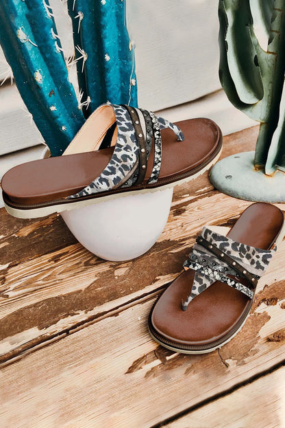 Leopard Studded Animal Print Flip Flop Sandals