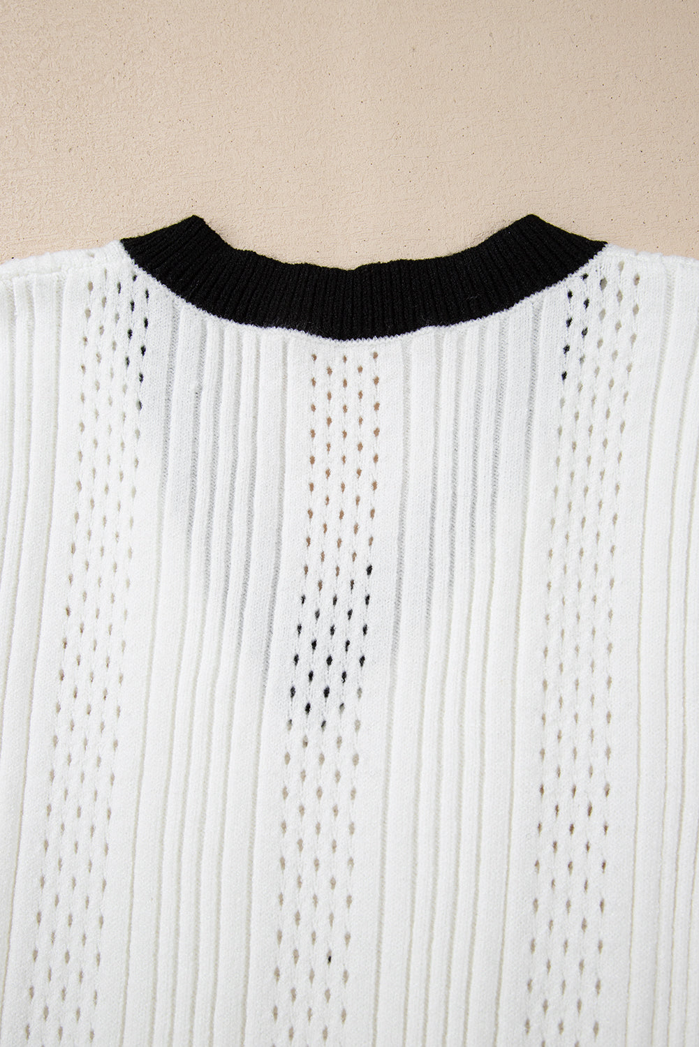 White Contrast Trim Eyelet Knit Colorblock V Neck Sweater Vest