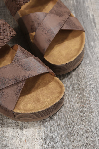 Brown Braided Detail Criss Cross Platform Slippers