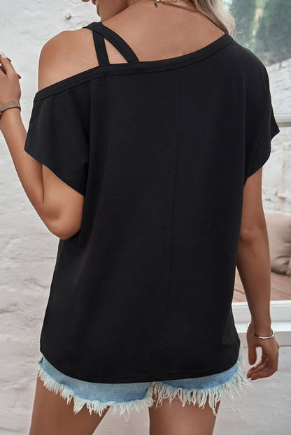 Daily Deal - Black Asymmetric Criss Cross One Shoulder T Shirt