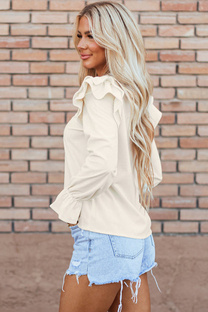 Beige Ruffled Flounce Sleeve Corduroy Blouse