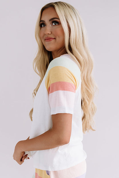 White Rainbow Striped T Shirt and Shorts Set