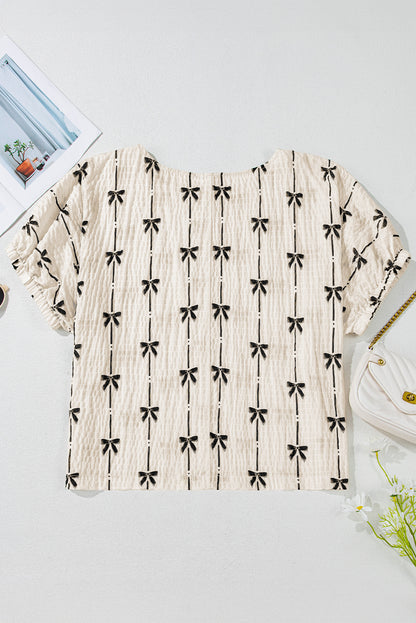 Beige Bow Print Puff Short Sleeve Top