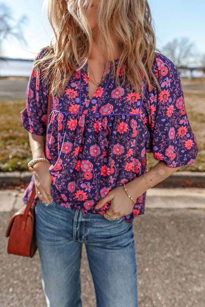 Purple Floral Half Sleeve Split Neck Blouse Top