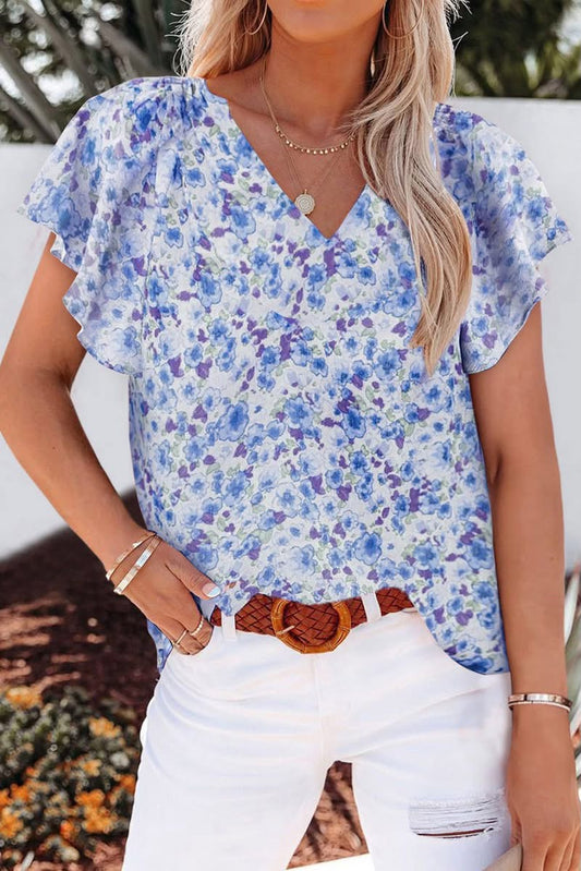 Blue Floral Flutter Sleeve Blouse May.