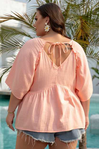Apricot Pink Plus Size Textured Wide Short Sleeve Babydoll
Blouse