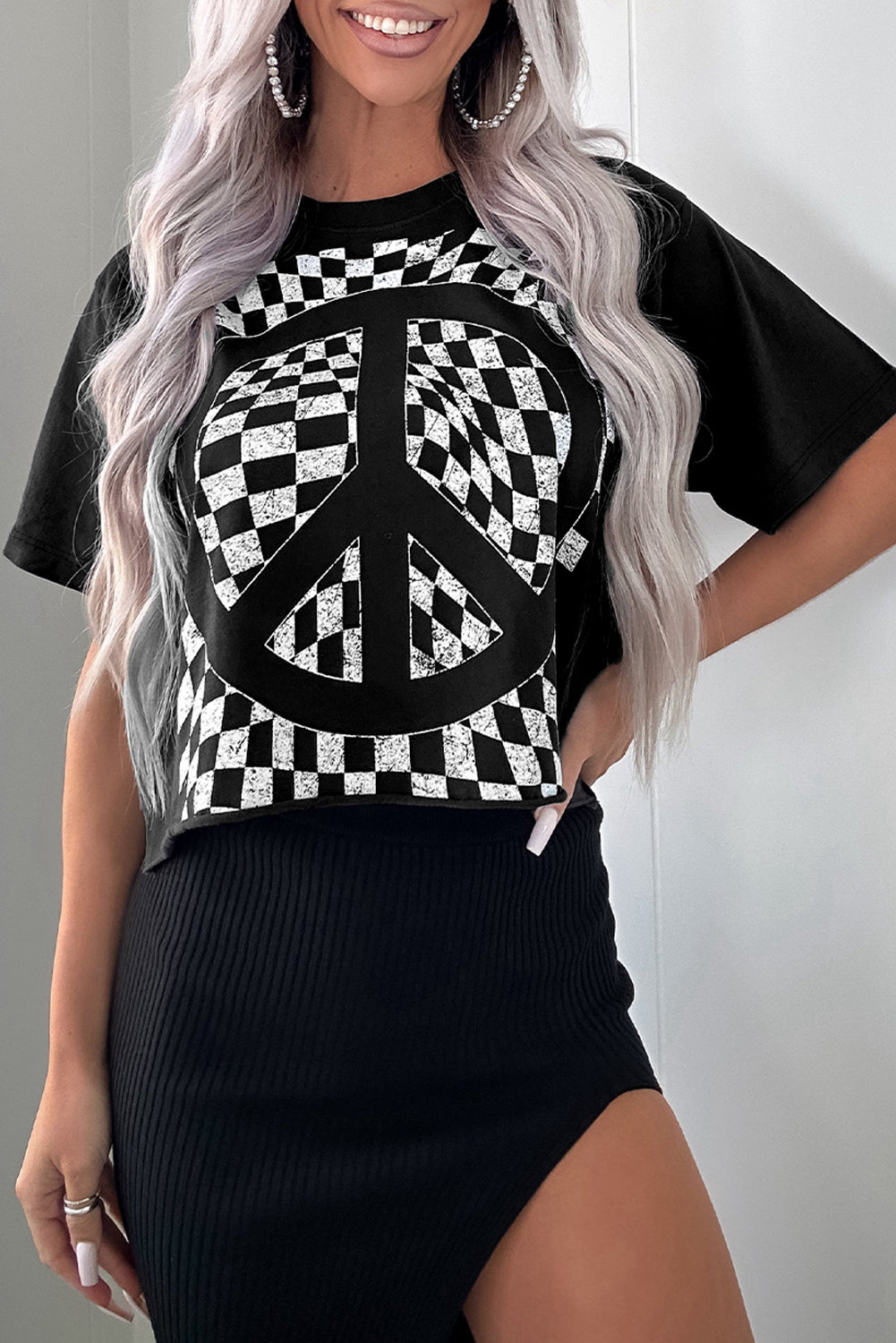 Daily Deal - Black Checkerboard Peace Sign Printed Round Neck T Shirt