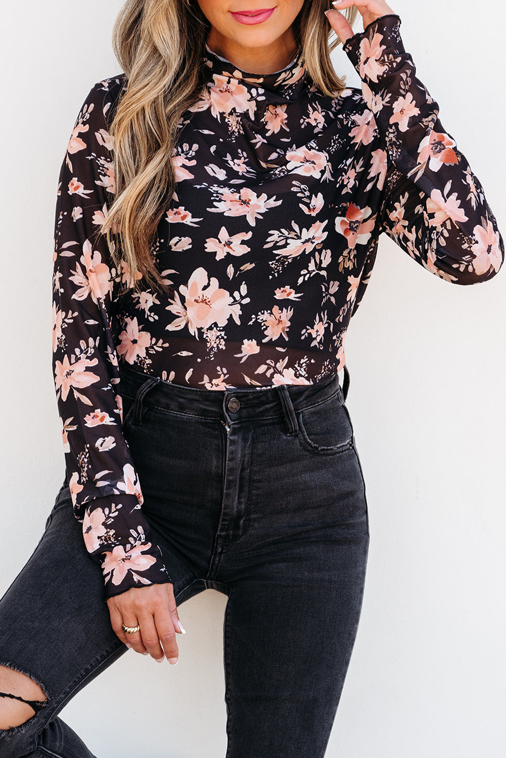 Black Floral Mesh Mock Neck Long Sleeve Slim Fit Top