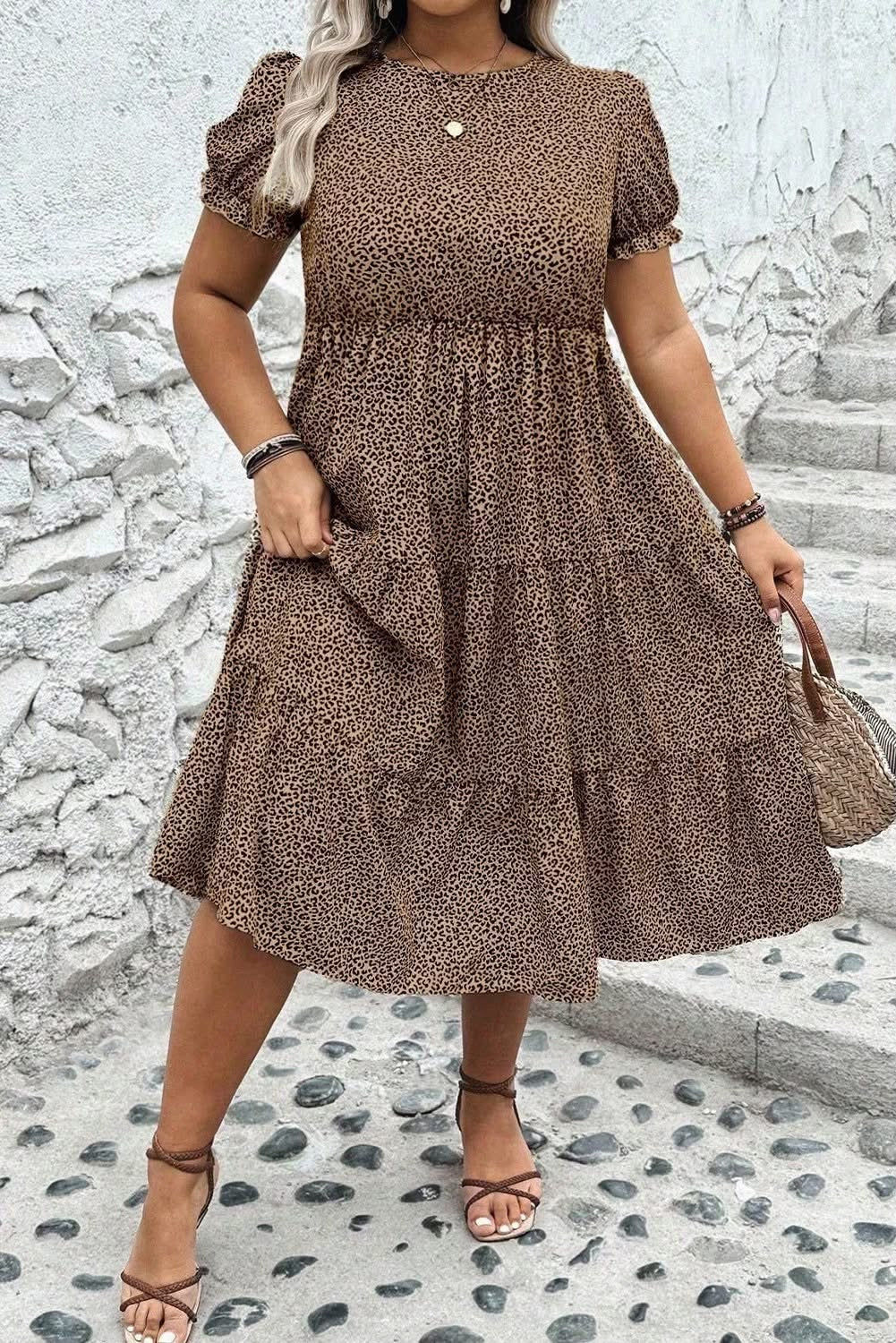 Brown Plus Size Leopard Print Frill Trim Short Sleeve Flared Dress