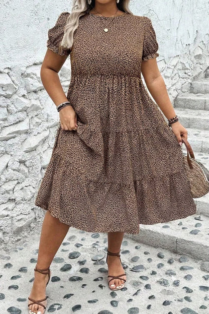 Brown Plus Size Leopard Print Frill Trim Short Sleeve Flared Dress