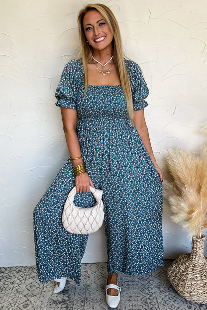 Blue Vintage Boho Floral Smocked Short Puff Sleeve Wide Leg Jumpsuit