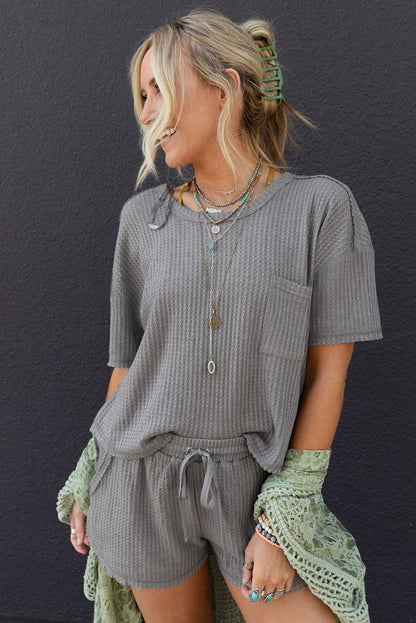 Gray Solid Color Waffle Knit T Shirt and Shorts Set