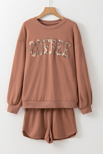 Brown Sequined COFFEE Loose Fit Sweatshirt and Shorts Set