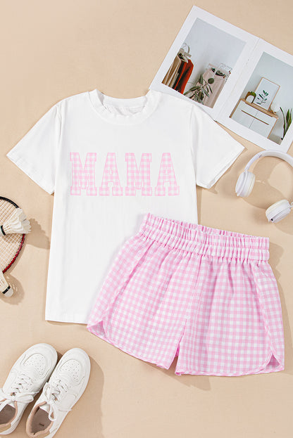 White MAMA Printed Tee and Plaid Shorts Lounge Set