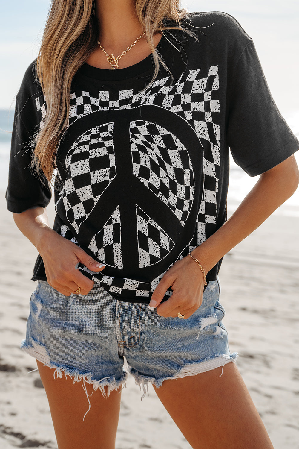 Daily Deal - Black Checkerboard Peace Sign Printed Round Neck T Shirt