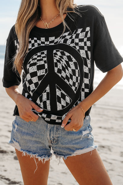 Daily Deal - Black Checkerboard Peace Sign Printed Round Neck T Shirt