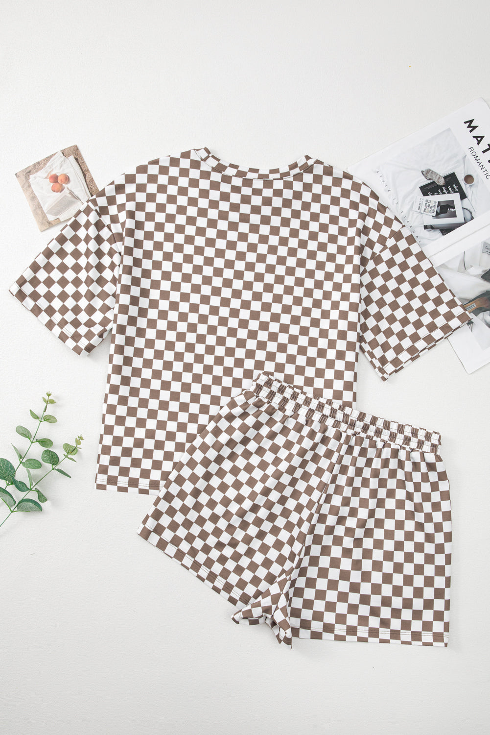 Brown Checkered Top and Short Casual 2pcs Set