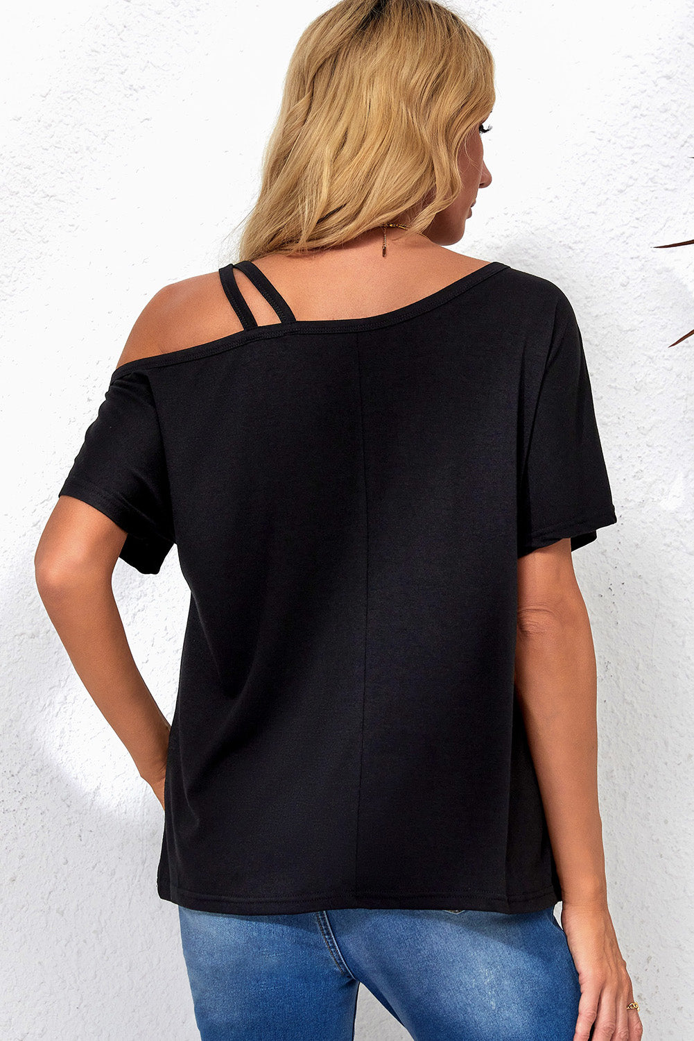 Daily Deal - Black Asymmetric Criss Cross One Shoulder T Shirt