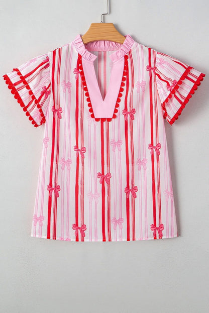 Pink Bow Striped Scallop Blouse May.