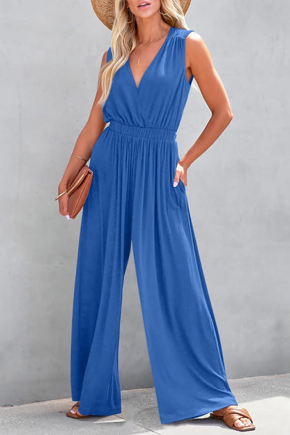 Sky Blue Deep V Pleated Crisscross Wide Leg Backless Jumpsuit