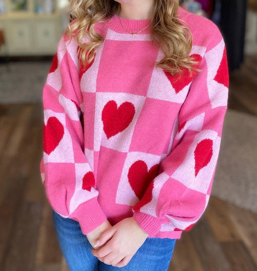 Pink Love Heart Checkered Valentine Crew Neck Sweater