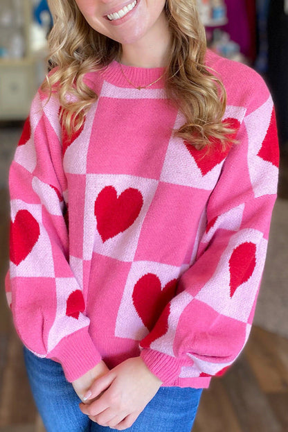 Pink Love Heart Checkered Valentine Crew Neck Sweater