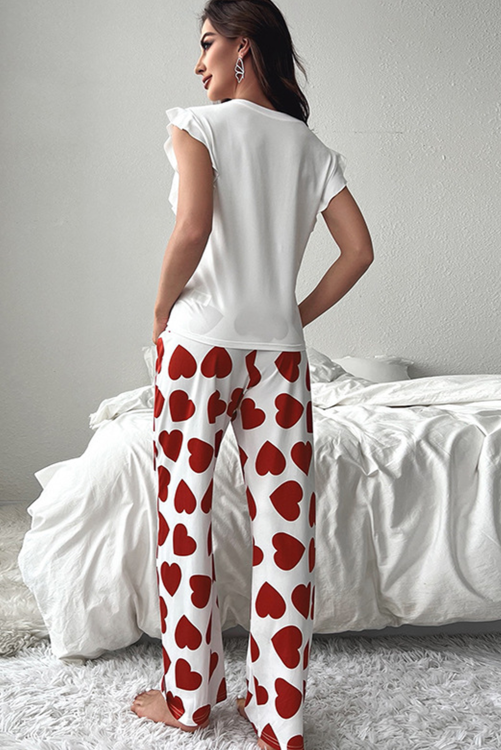 Red Ruffled Tank Top And Heart Print Pants Lounge Set