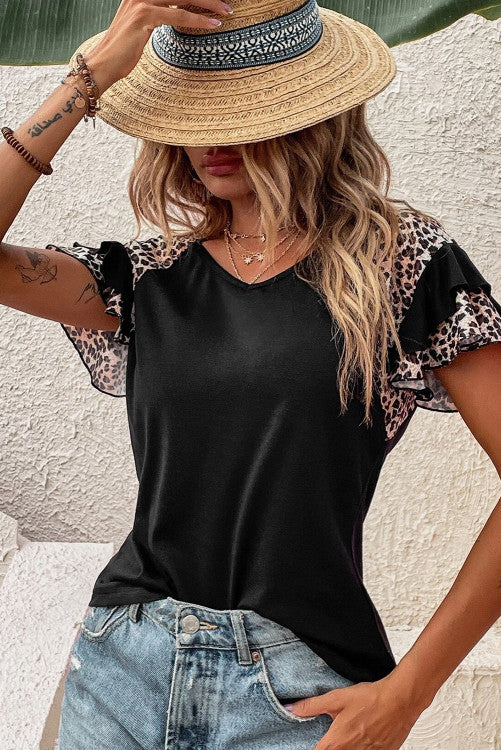 Black Leopard Print Ruffled Sleeve V Neck T Shirt