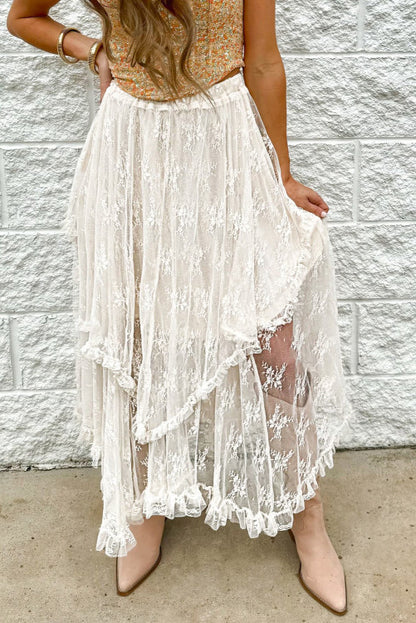 Beige Lace Cascading Tiered High Waist Maxi Skirt