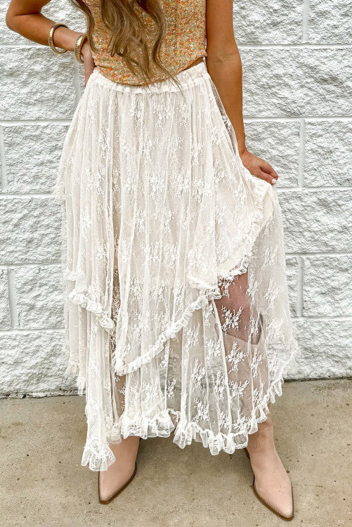 Beige Lace Cascading Tiered High Waist Maxi Skirt