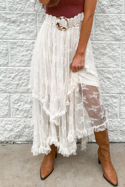 Beige Lace Cascading Tiered High Waist Maxi Skirt