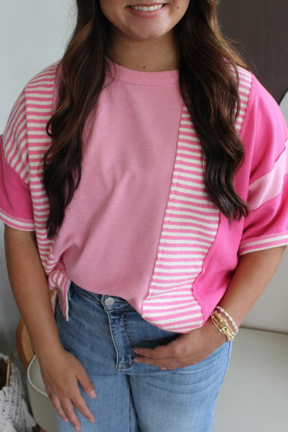 Pink Stripe Patchwork Colorblock Plus Size T Shirt