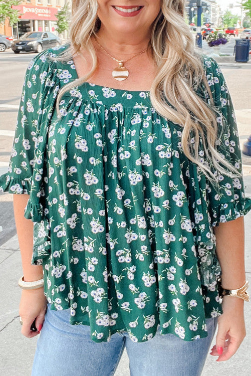 Green Floral Print Square Neck Ruffled Trim Plus Size Blouse