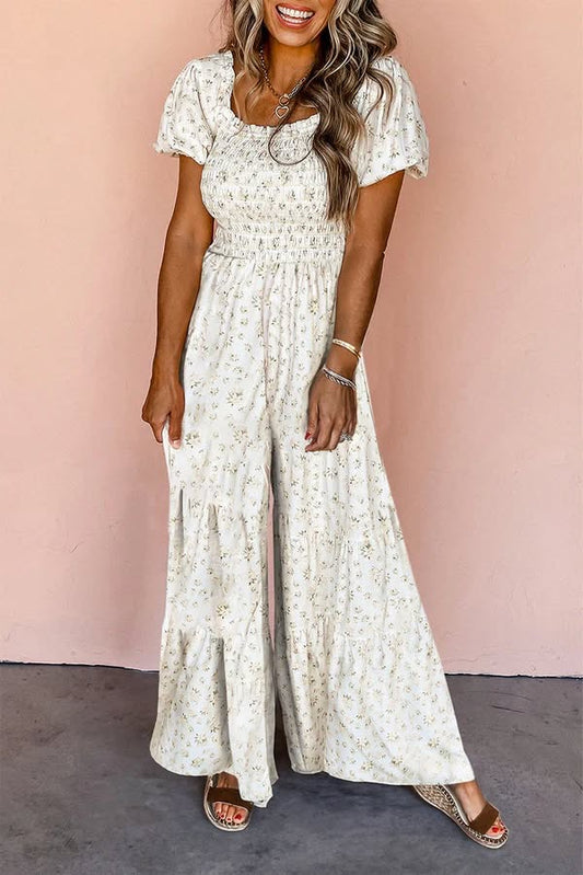 White Boho Floral Smocked Wide Leg Short Puff Sleeve Jumpsuit LT