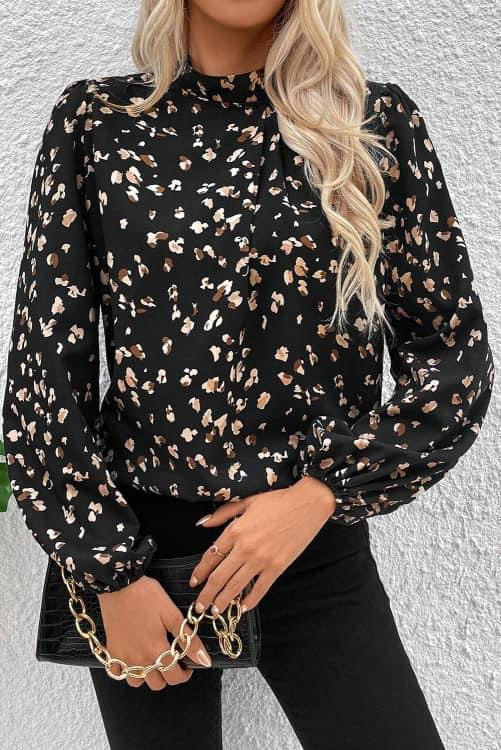 Black Leopard Print Lantern Sleeve Mock Neck Pleated Blouse RTS