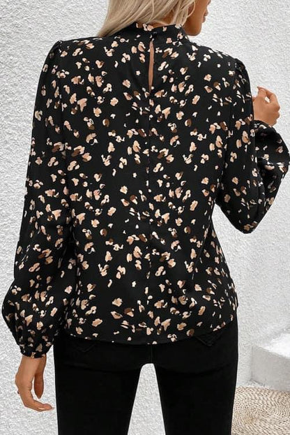 Black Leopard Print Lantern Sleeve Mock Neck Pleated Blouse RTS