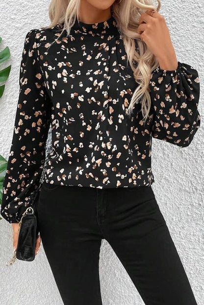 Black Leopard Print Lantern Sleeve Mock Neck Pleated Blouse RTS