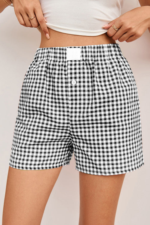 Black Vintage Plaid Print High Waisted Loose Wide Leg Shorts