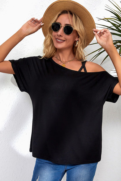 Daily Deal - Black Asymmetric Criss Cross One Shoulder T Shirt