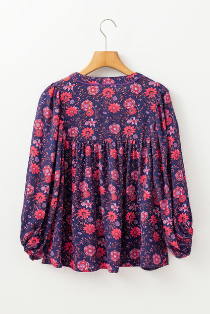 Purple Floral Half Sleeve Split Neck Blouse Top