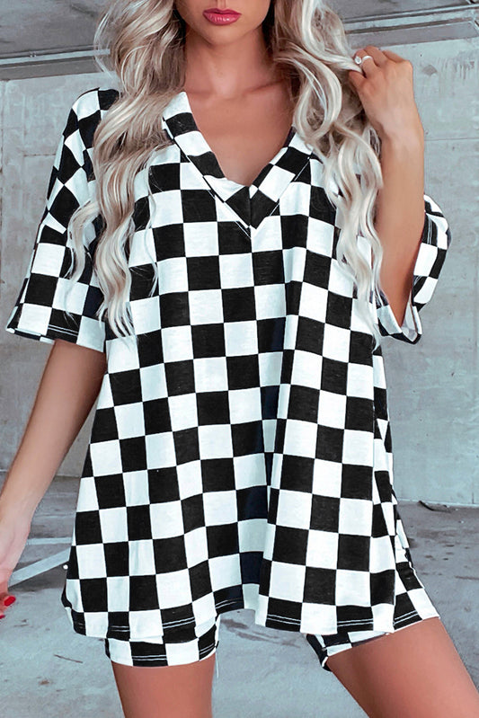 Black Checkerboard Print V Neck Loose Tee and Shorts Lounge Set