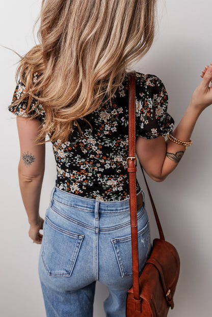 Black Floral Print U Neck Short Puff Sleeve Bodysuit