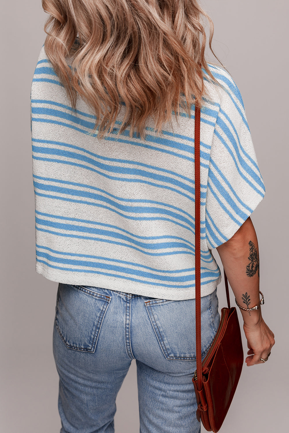 Sky Blue Stripe Boxy Fit Wide Sleeve Sweater T Shirt