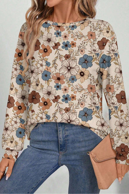 Khaki Floral Print Loose Crew Neck Long Sleeve T Shirt