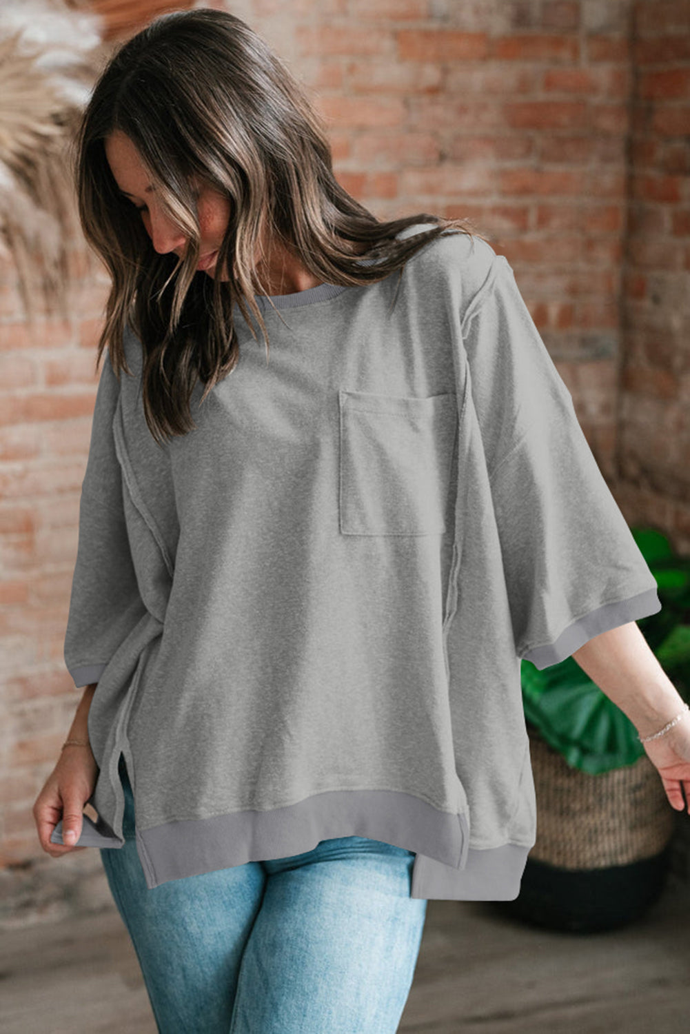 Light Grey Exposed Seam Chest Pocket Split Loose T Shirt