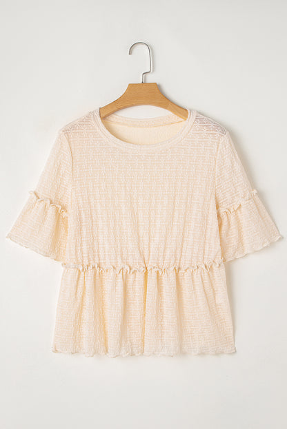 Beige Solid Color Textured Ruffled Short Sleeve Blouse