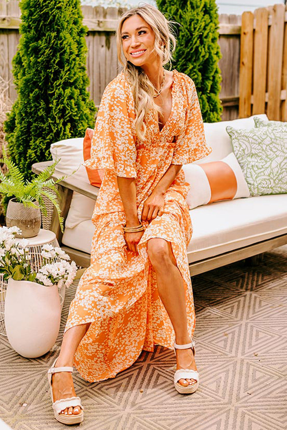 Orange Floral Print Smocked V Neck Wide Sleeve Maxi Dress