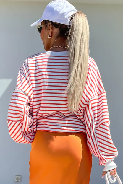 Orange Stripe Drop Shoulder Crew Neck Loose Sweatshirt