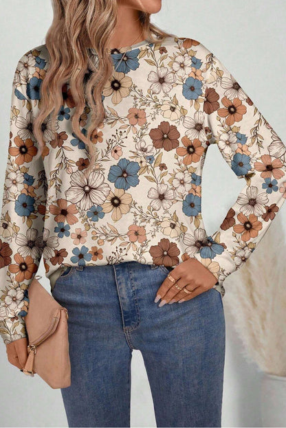 Khaki Floral Print Loose Crew Neck Long Sleeve T Shirt